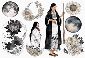 a 50-year-old Anishinaabe woman wearing black and white robes standing on the moon with a chrysanthemum tattoo idea