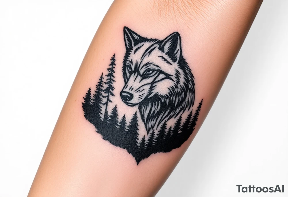 Dark wooded area with a large wolf head over the treeline tattoo idea