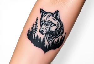 Dark wooded area with a large wolf head over the treeline tattoo idea