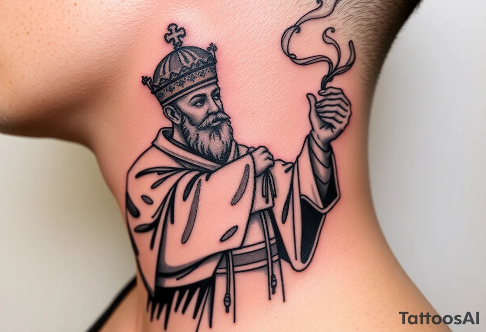 Russian Orthodox Priest in a fully detailed gold vestment swinging a censer with smoke curling upward tattoo idea