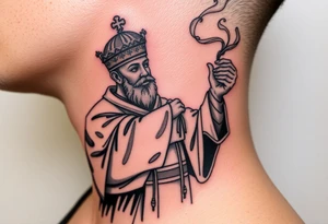 Russian Orthodox Priest in a fully detailed gold vestment swinging a censer with smoke curling upward tattoo idea