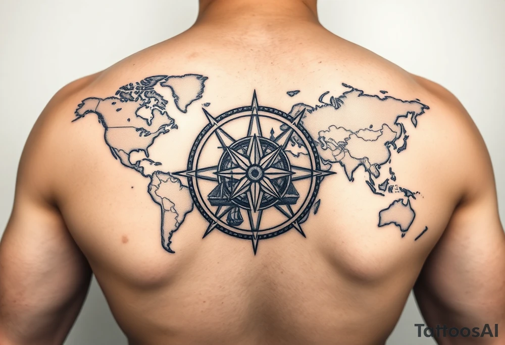 antique compass rose overlaid on weathered world map with sailing ships tattoo idea