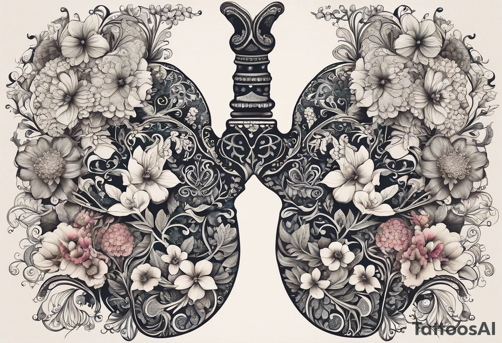 intricate and artistic arrangement of flowers and ornamental patterns that come together to form the shape of human lungs. The design should have a balance of delicacy and detail, with vibrant floral elements seamlessly intertwining to mimic the structure of the lungs, including the bronchi branching into floral motifs. Incorporate subtle shading and depth to give the tattoo a dynamic and organic feel, while maintaining elegance and symmetry, embraced by an octopus and butterflies flying around tattoo idea