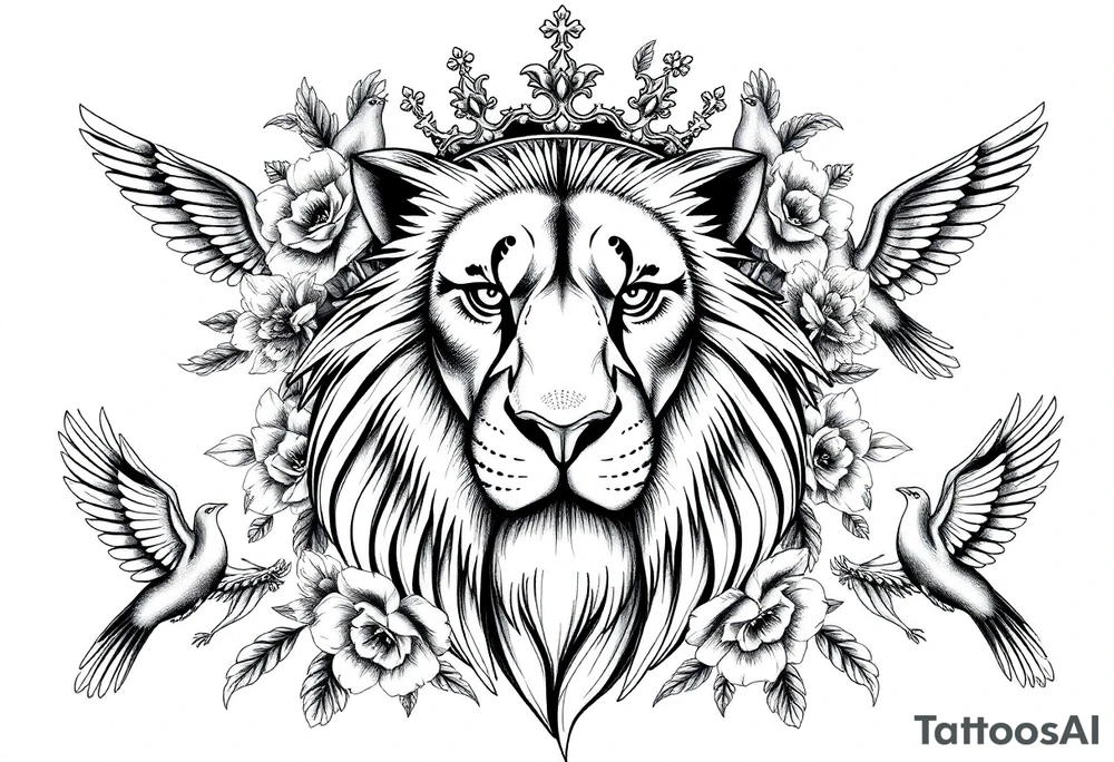 powerful majestic lion with a crown, surrounded by floral ornaments and birds tattoo idea