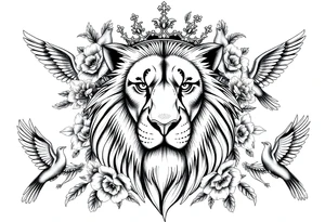 powerful majestic lion with a crown, surrounded by floral ornaments and birds tattoo idea