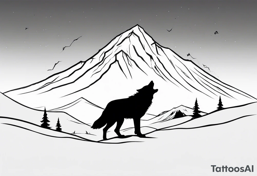 A lone wolf in front of a mountain range tattoo idea