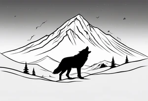 A lone wolf in front of a mountain range tattoo idea