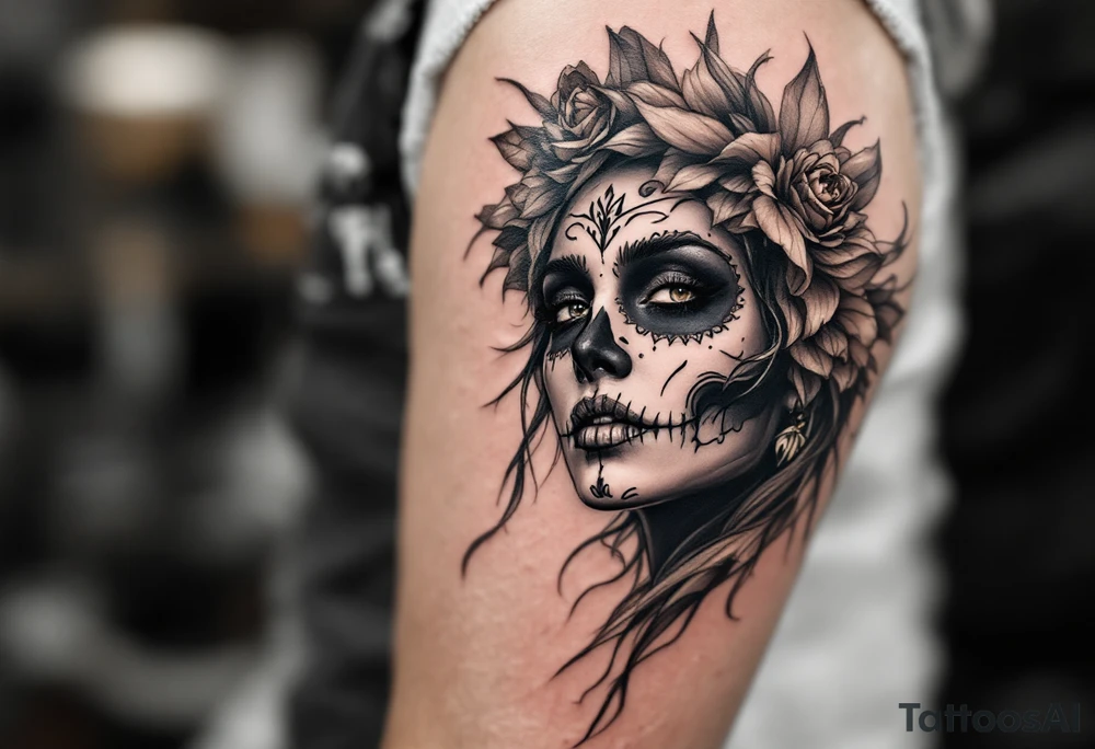 Dia de muertos female portrait tattoo idea