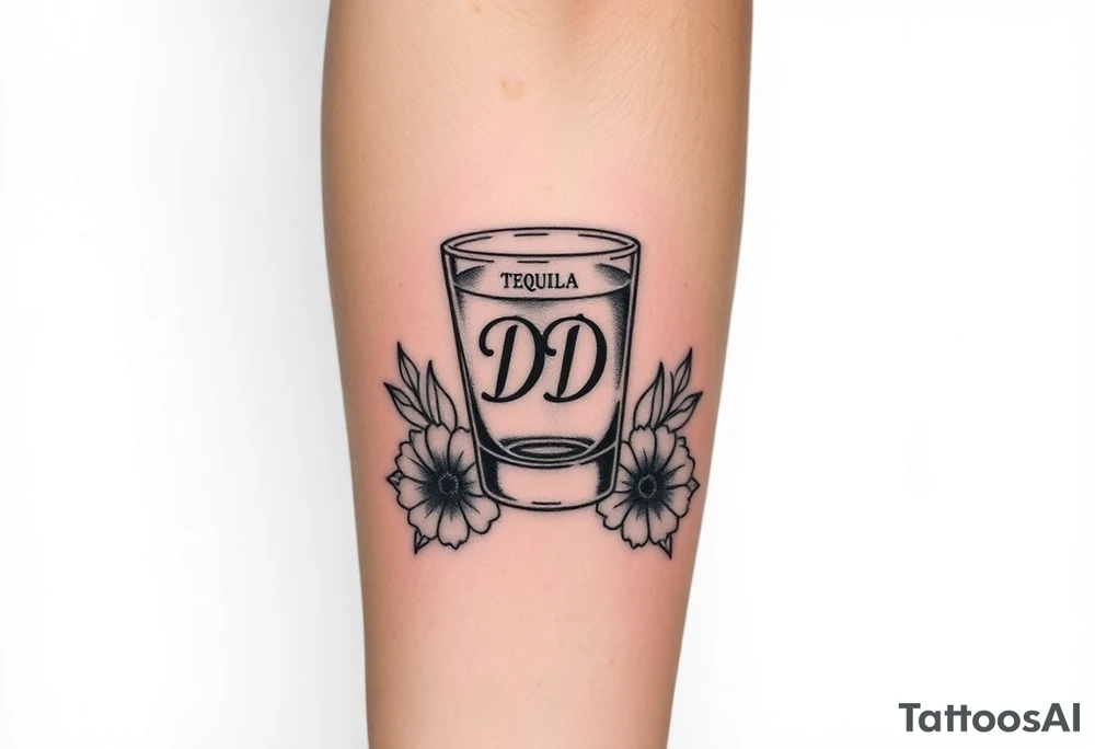 A tequila shot glass with DD Ingrave on it surround by flowers tattoo idea