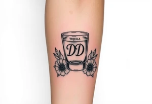 A tequila shot glass with DD Ingrave on it surround by flowers tattoo idea