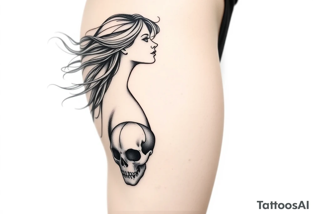 Woman in profile with hair blowing in a wind holding a skull.  Viking runes in the background tattoo idea
