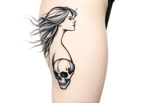 Woman in profile with hair blowing in a wind holding a skull.  Viking runes in the background tattoo idea