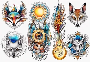 fisch, fuchs und eule , symetrie  sonne, universum, bunt, " sapere aude" tattoo idea