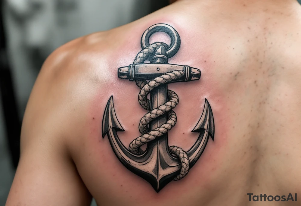 weathered anchor wrapped in nautical rope with sea waves tattoo idea