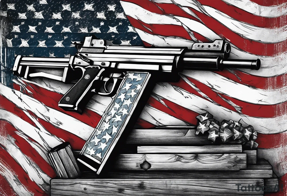 Distressed American flag behind a cross with 2 guns leaned on it simpler tattoo idea