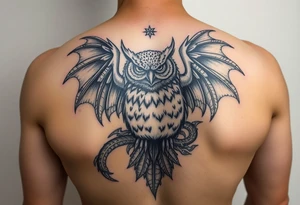 Majestic owl surrounded by beautiful dragon tattoo idea