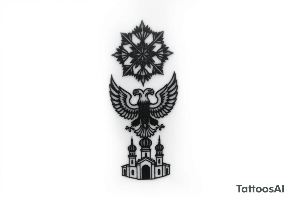 Stacked Vertical Column 

Russian star — bold
Middle: double-headed eagle — simplified, cleaner lines to suit the smaller space
Bottom: Orthodox church dome(s) & a Virgin Mary silhouette beneath tattoo idea