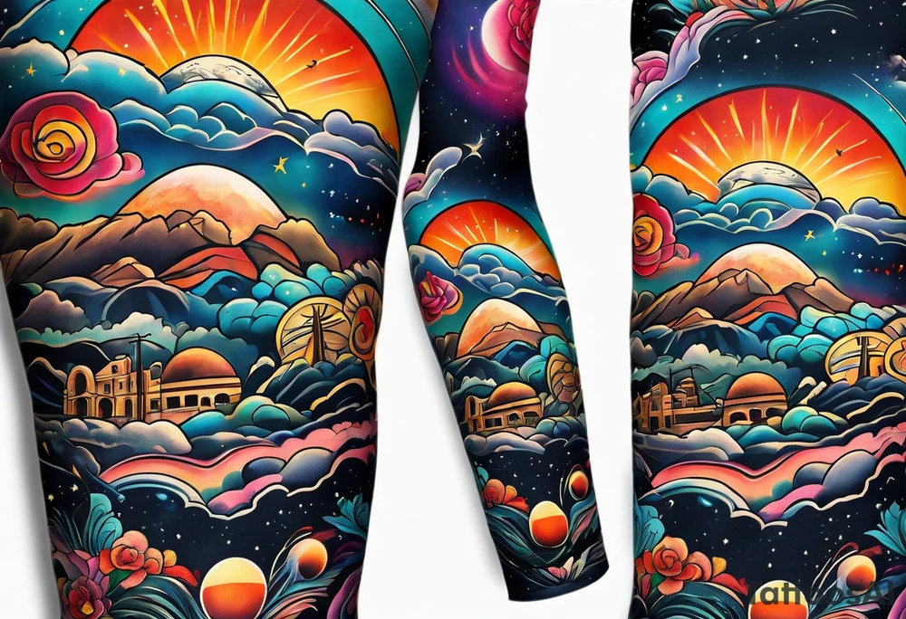 Arm sleeve inspired by Mexican American imagery and space tattoo idea