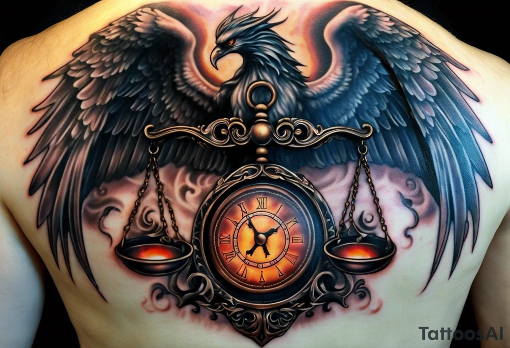 A detailed balance scale tattoo features an elegant angel on one side, holding a glowing orb, with flowing robes and majestic wings symbolizing purity and peace. On the opposite side, a dark, menacing demon with fiery eyes and sharp claws grips the other pan, representing chaos and temptation, creating a striking contrast between good and evil. tattoo idea