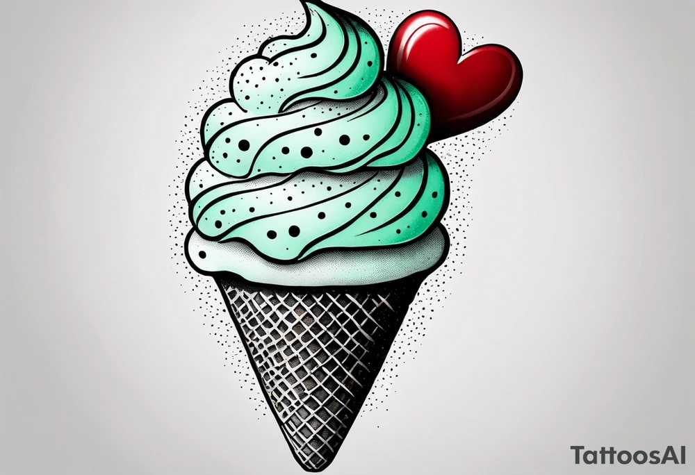 mint chocolate chip ice cream cone with small red heart on it somewhere. tattoo idea