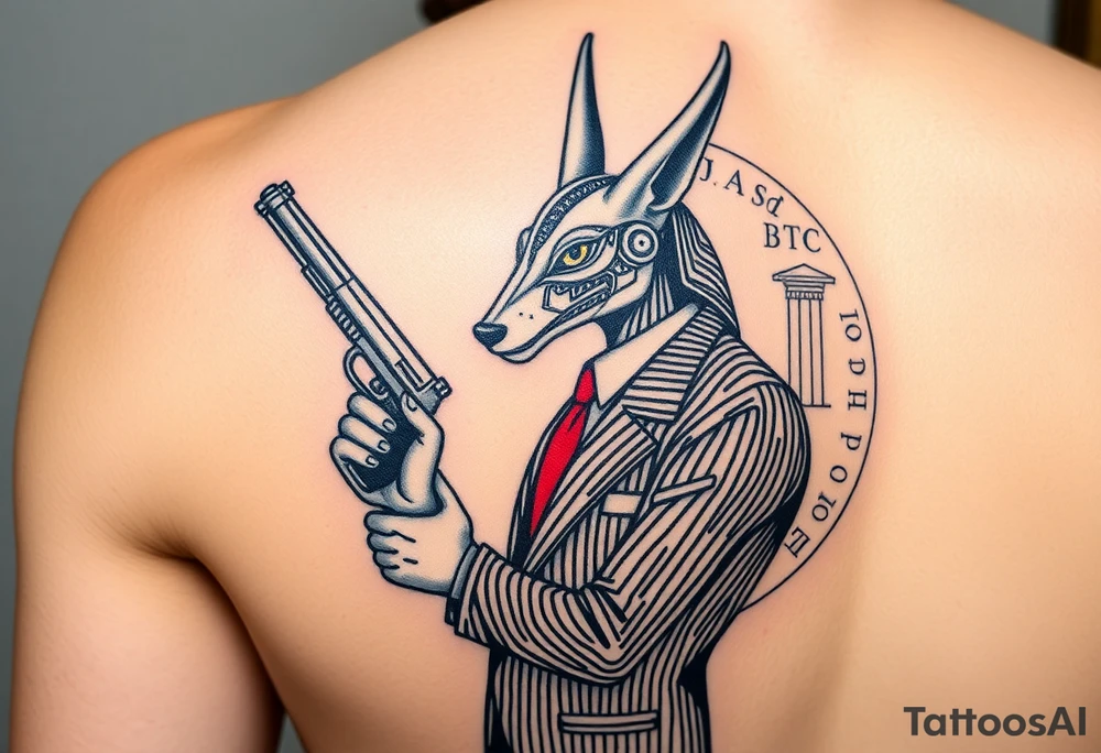 "Anubis in a 1920s gangster pinstripe suit, holding a tommy gun. His jackal head is half-cyborg (exposed circuits). Hieroglyph background spells 'BTC TO THE MOON'.  

Style: Art Deco meets cyber-Egyptian. Black/red/gold ink. Forearm sleeve." tattoo idea