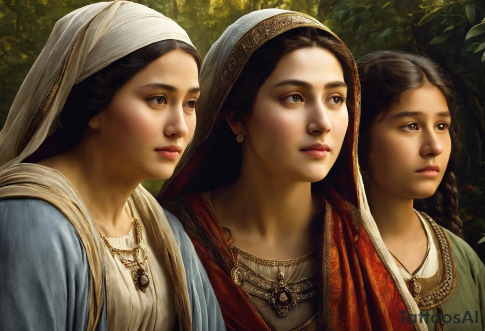 Three women's faces next to each other. The woman on the left is still a girl about 13 years old, the woman in the middle is about 40 years old and the one on the right is about 75 years old. The woman in the middle is looking at the bearer. The other two are looking at the woman in the middle. tattoo idea