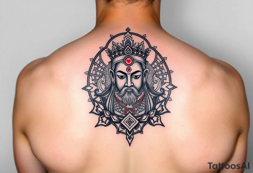"Tibetan thangka tattoo but deity is a crypto wallet with QR face. Geometric patterns, black/red ink." tattoo idea
