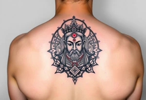 "Tibetan thangka tattoo but deity is a crypto wallet with QR face. Geometric patterns, black/red ink." tattoo idea