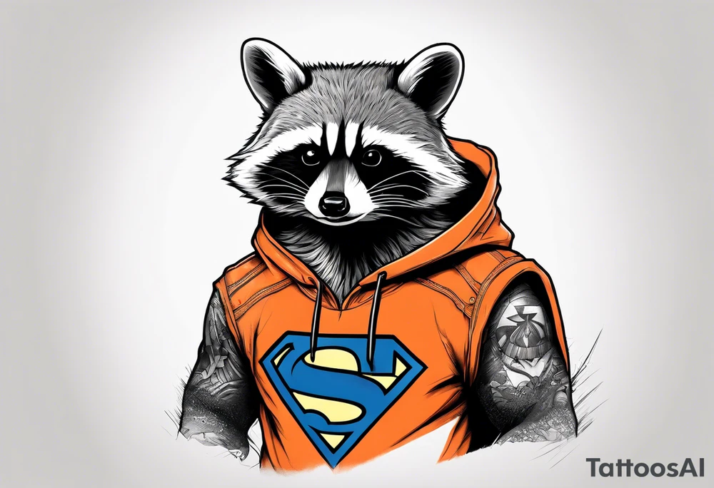 Raccoon wearing an orange Superman hoodie tattoo idea