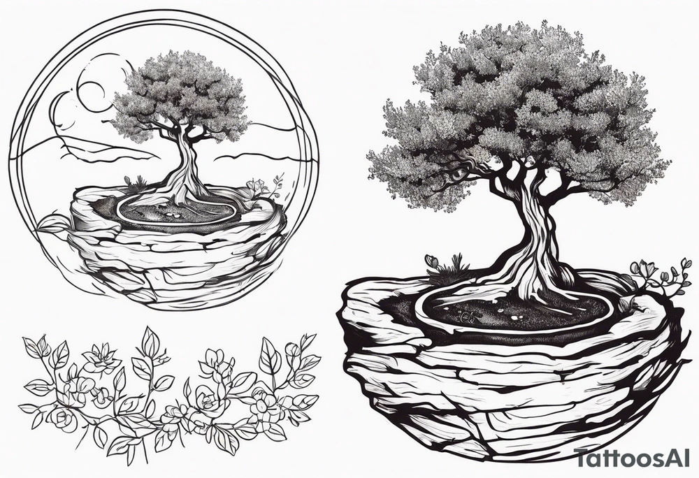 And olive tree with exposed roots, writing out “patience” in Korean, next to a tree stump with exposed rings, and a small Poppy flower growing out of the ground tattoo idea