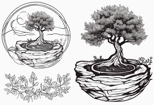 And olive tree with exposed roots, writing out “patience” in Korean, next to a tree stump with exposed rings, and a small Poppy flower growing out of the ground tattoo idea