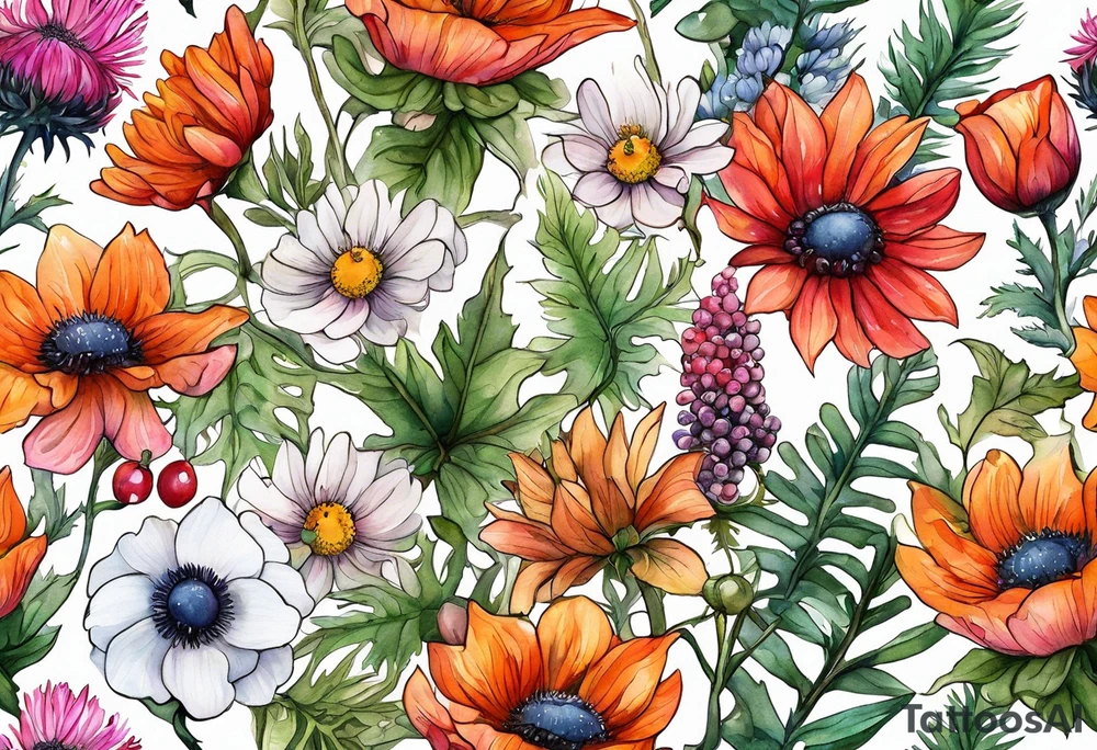 wildflowers with thistles, ferns, white anemones, sun flowers, orange flowers, green flowers, pink flowers, red flowers, berries and all in watercolor tattoo idea