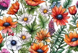 wildflowers with thistles, ferns, white anemones, sun flowers, orange flowers, green flowers, pink flowers, red flowers, berries and all in watercolor tattoo idea