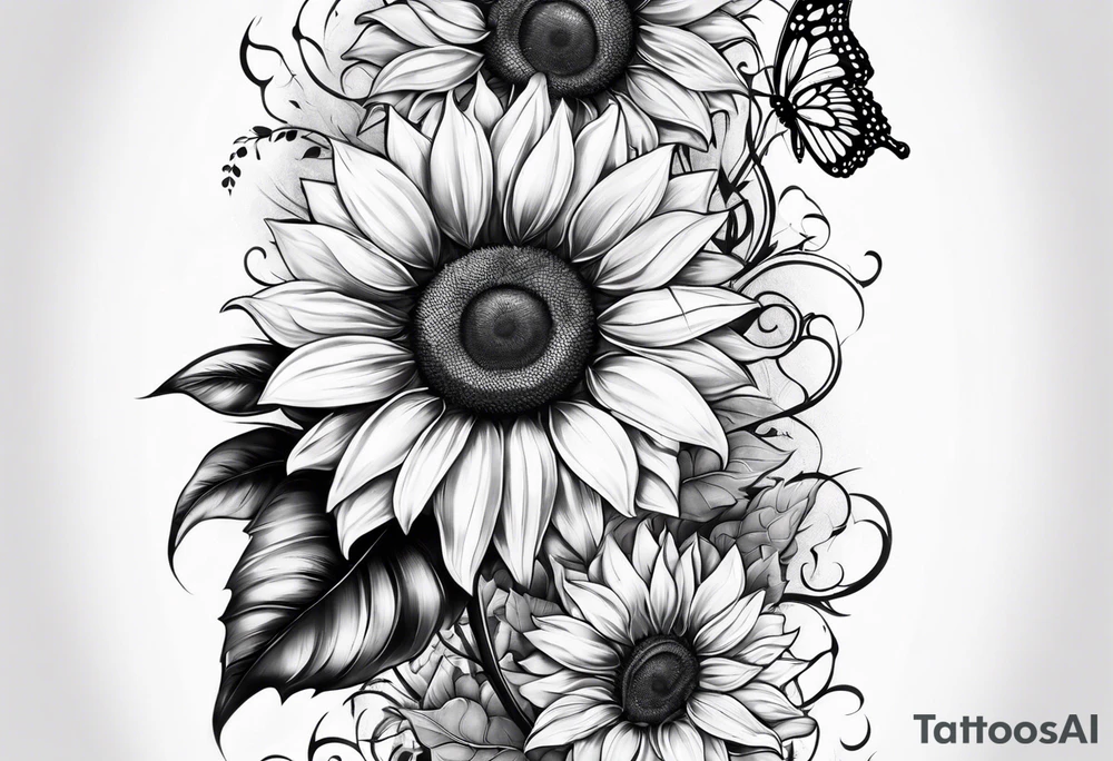 Sunflower and butterfly leg sleeve tattoo idea
