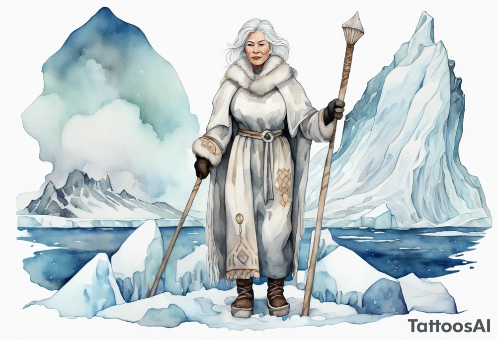 a middle aged Inuit woman with white hair, wearing mittens, wearing a white cloak, holding a white staff, wearing mukluks, standing on an iceberg in the sea tattoo idea