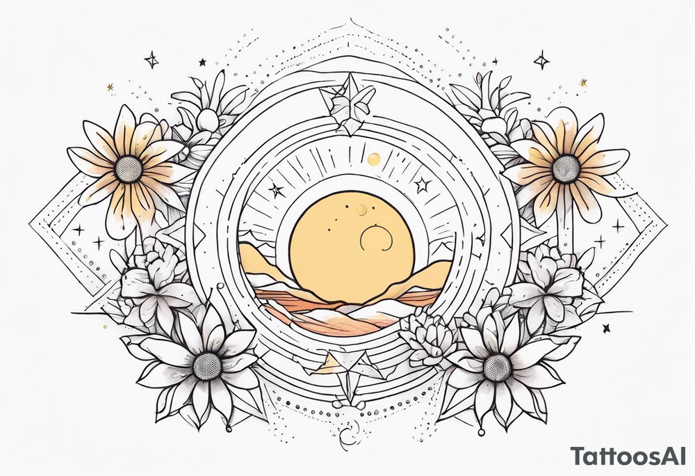 fine line with sun, stars, floral, dots. Sternum tattoo tattoo idea
