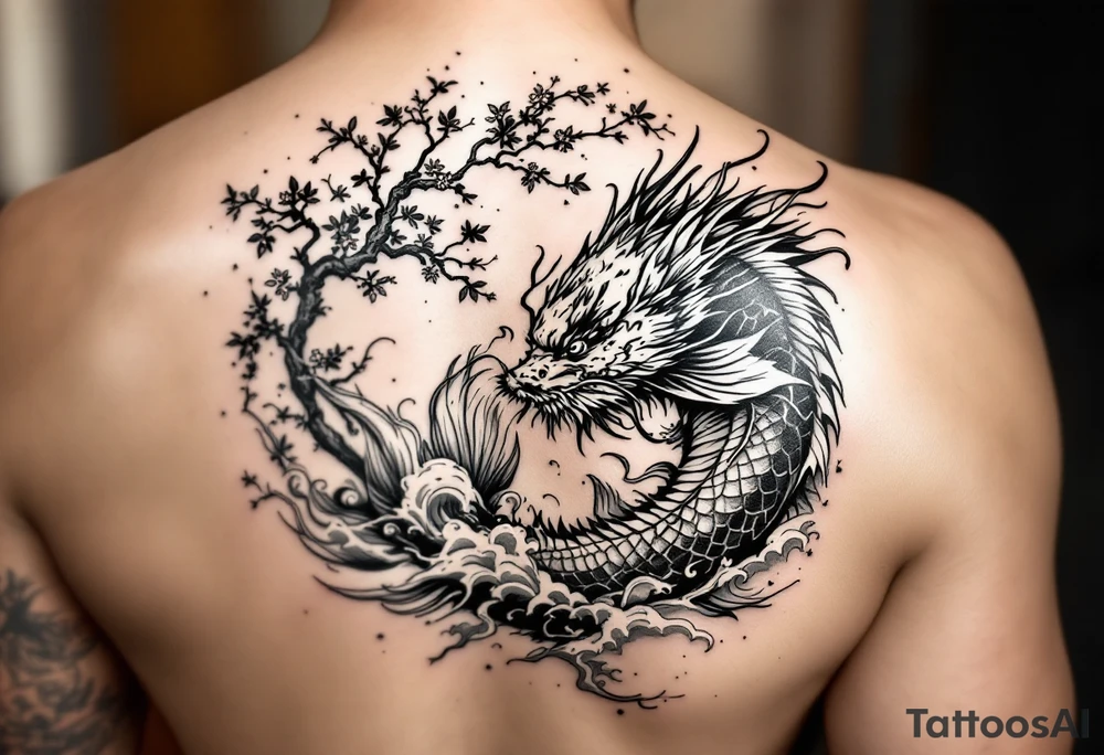 koi fish fighting a dragon with a sakura tree in the background, Japanese inspired piece tattoo idea