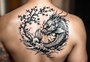 koi fish fighting a dragon with a sakura tree in the background, Japanese inspired piece tattoo idea
