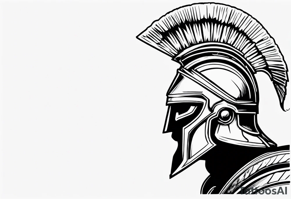 rectangular landscape format ultra-fine line linework vector of a spartan from the side, spartan spear, spartan shield, laurel wreath tattoo idea