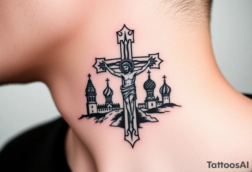 Traditional orthodox ICXC Christian cross with an orthodox Jesus Christ on the cross in a wilderness Russian Kremlin setting tattoo idea