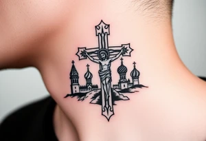 Traditional orthodox ICXC Christian cross with an orthodox Jesus Christ on the cross in a wilderness Russian Kremlin setting tattoo idea