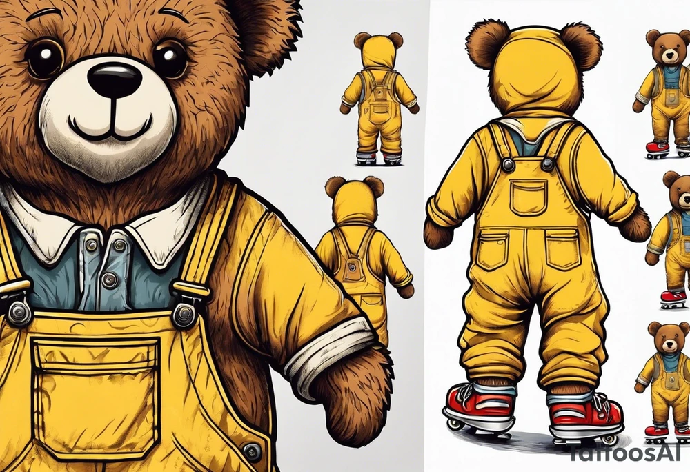 the back of one standing, skinny, brown ,
teddy bear in long, yellow overalls and white roller skates on his feet tattoo idea