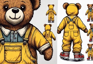 the back of one standing, skinny, brown ,
teddy bear in long, yellow overalls and white roller skates on his feet tattoo idea
