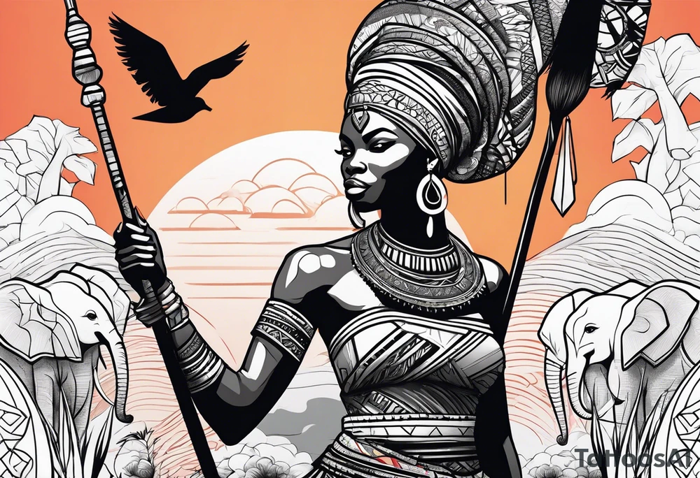 African woman warrior holding a spear with birds and elephants in the background tattoo idea
