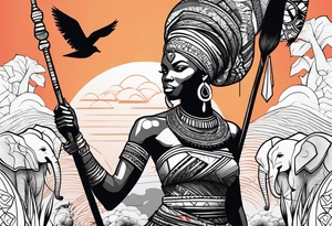 African woman warrior holding a spear with birds and elephants in the background tattoo idea