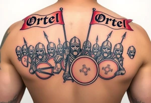 A procession of Czech warriors, with Ortel written in banners flowing above them, in sepia and dark red. tattoo idea