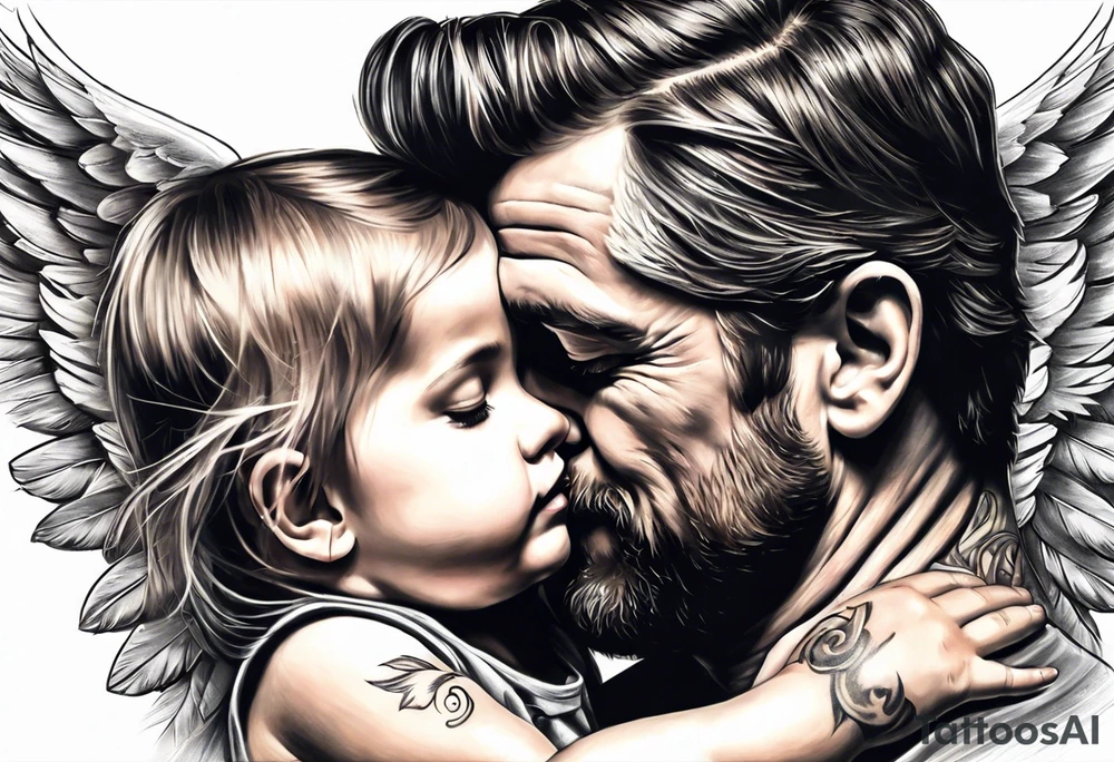 Tattoo of father holding his daughter.  As an angel (RIP) Daddy loved music tattoo idea