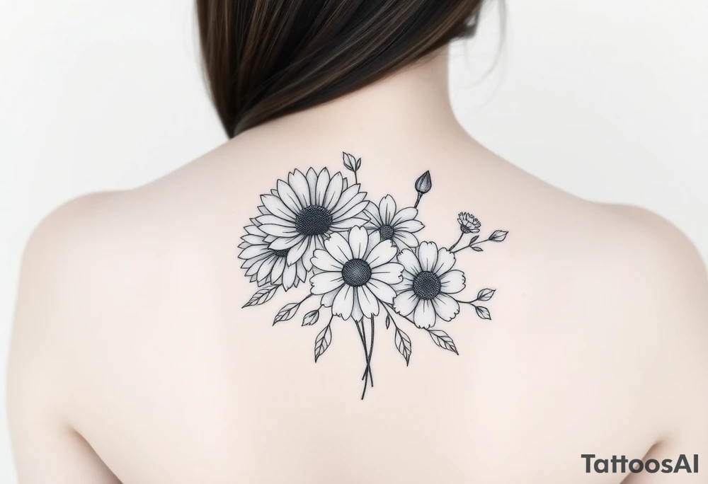Flower bouquet with chrysanthemum, poppy, cosmo, daisy tattoo idea