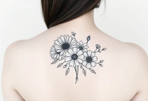 Flower bouquet with chrysanthemum, poppy, cosmo, daisy tattoo idea