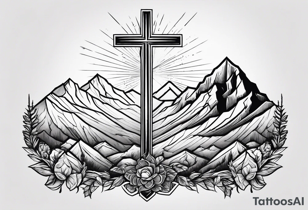 Cross on top of a mountain tattoo idea
